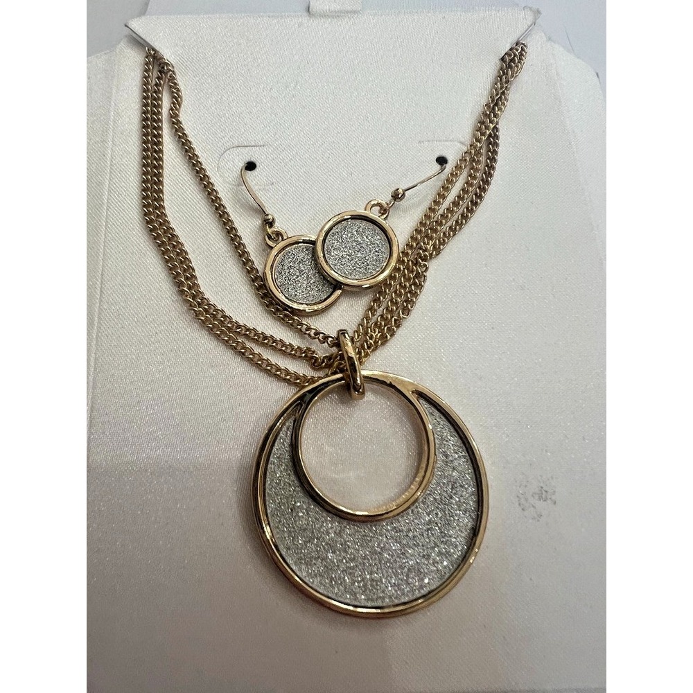 Gold Tone Necklace Earrings Set Silver Glitter Disc Statement NOS Minimal Luxe - Picture 2 of 10